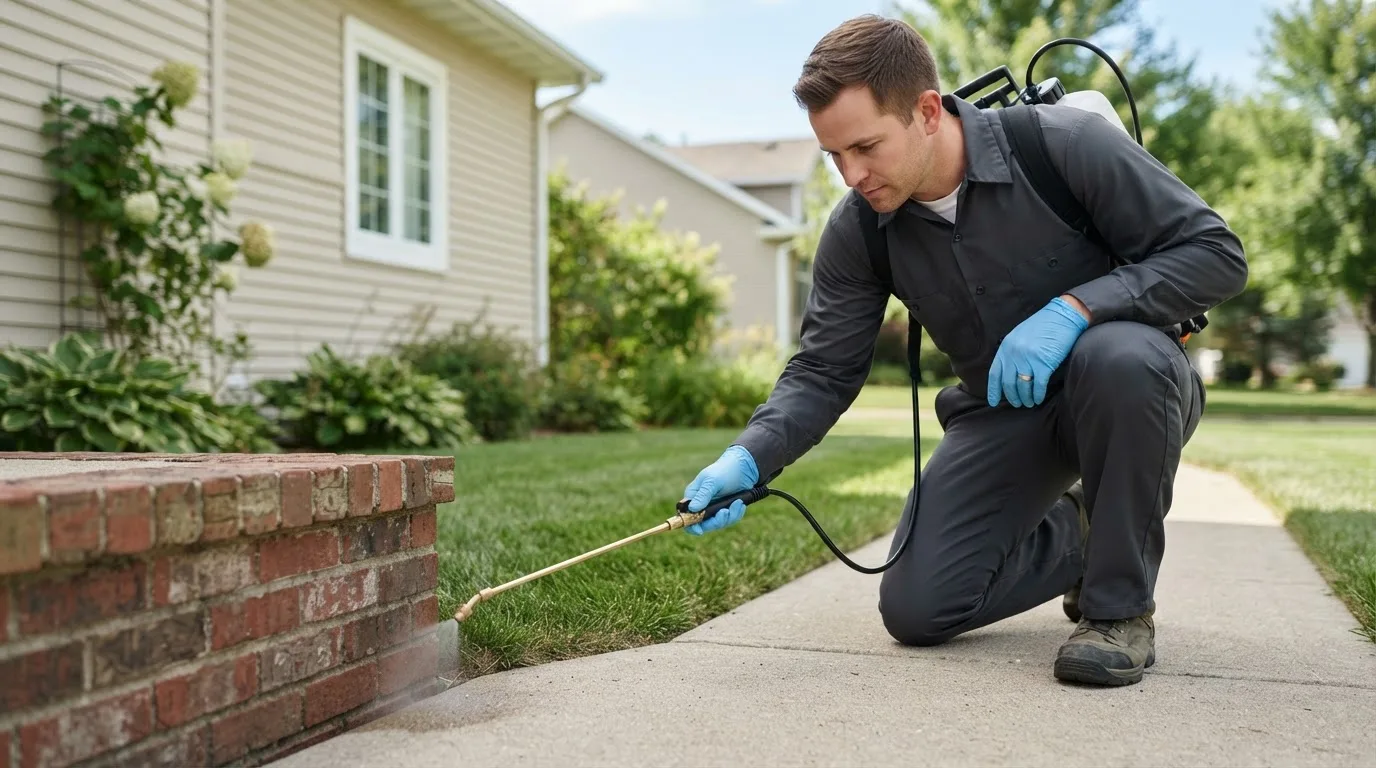 Pest control technician treating a home near Macksburg, IA
