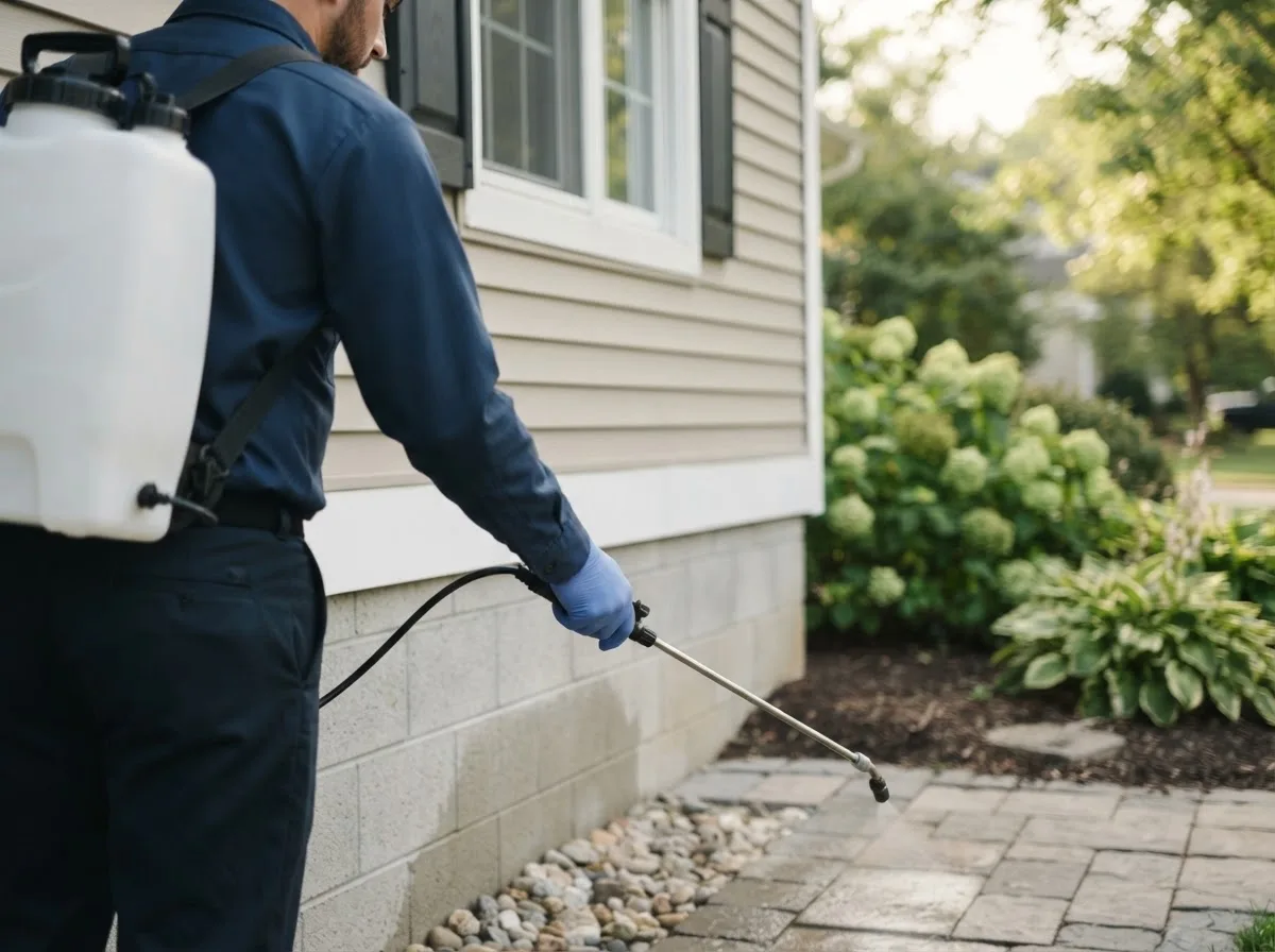 Pest control technician inspecting a home in Macksburg, IA